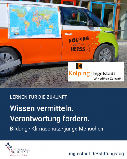 Plakat mit KolpingKlimaMobil und dem Slogan: Wissen vermitteln. Verantwortung fördern.