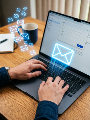 Eine Person verfasst an einem Laptop eine E-Mail; Briefumschlag-Symbole visualisieren den Nachrichtenversand.